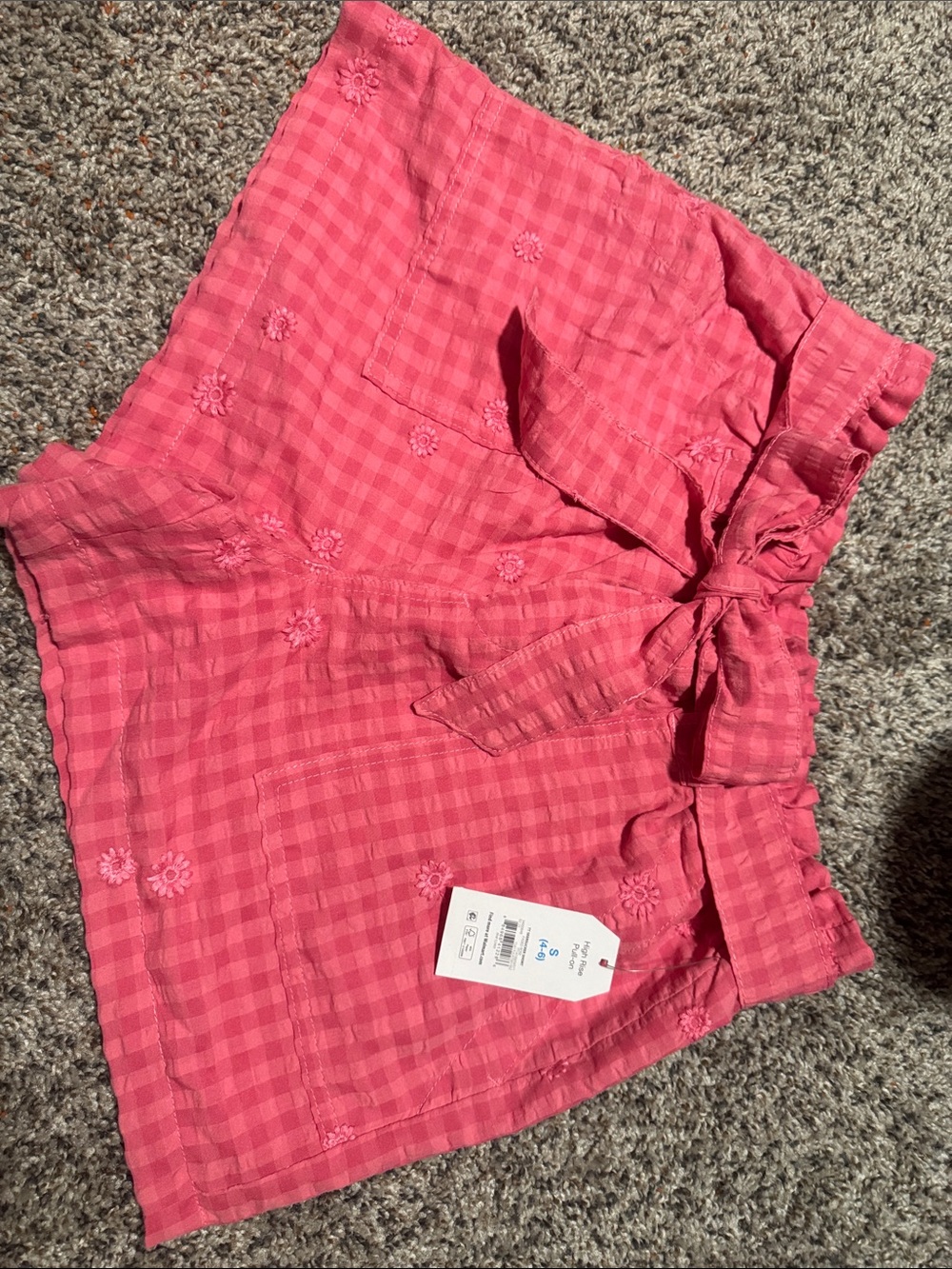 Time and Tru Pink Gingham Embroidered Tie-Waist Women’s Shorts